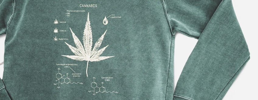 Een groene sweatshirt met een wit cannabisblad en chemische structuren erop gedrukt.