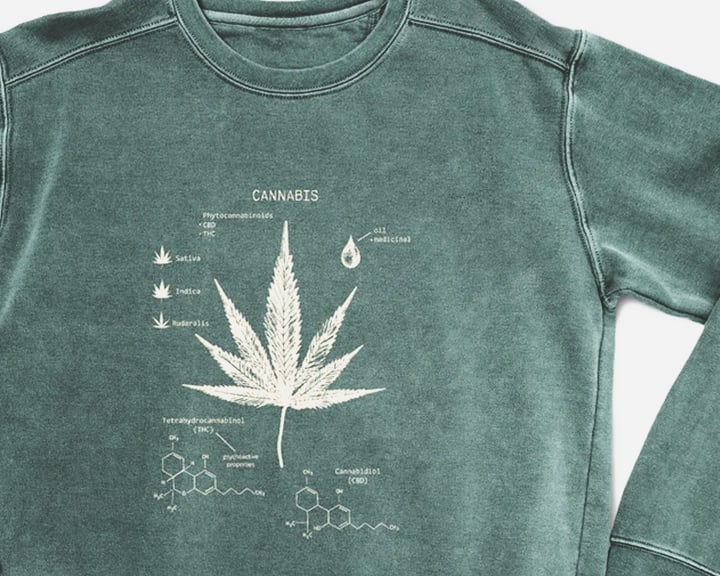 Een groene sweatshirt met een wit cannabisblad en chemische structuren erop gedrukt.