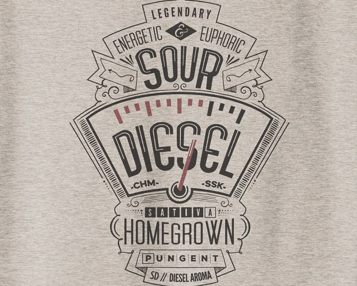 Een grijs T-shirt met een vintage-stijl afbeelding van een brandstofmeter met de tekst 