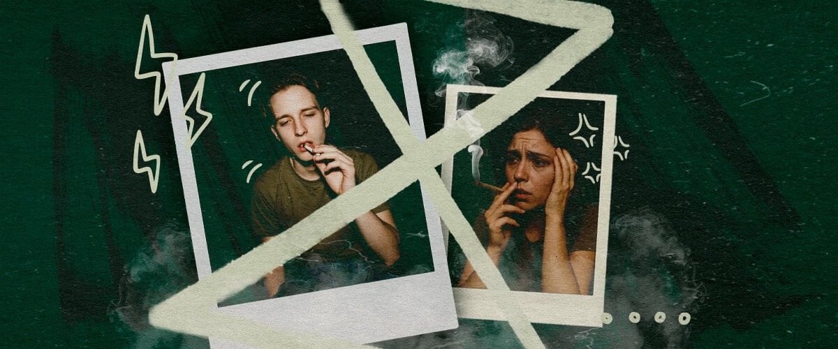 Angst of Paranoia Na een Cannabis Tolerantie Pauze Twee mensen roken cannabis, de ene ontspannen, de andere angstig, wat mogelijke angst of paranoia na een tolerantiepauze illustreert.