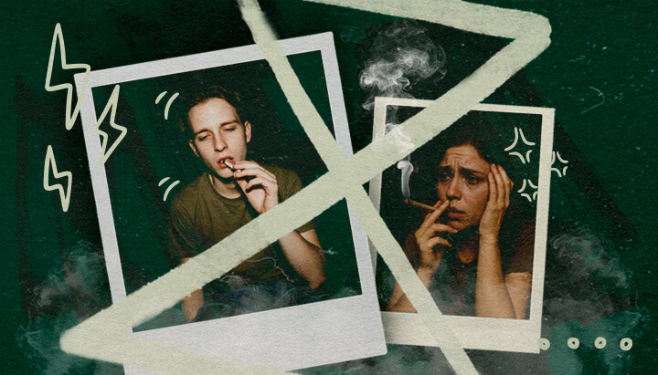 Angst of Paranoia Na een Cannabis Tolerantie Pauze Twee mensen roken cannabis, de ene ontspannen, de andere angstig, wat mogelijke angst of paranoia na een tolerantiepauze illustreert.