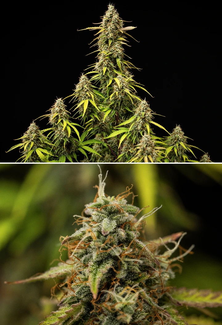 Atlas F1 grow report: week 9, laatste rijping Atlas F1 cannabisplant tijdens week 9 van het grow report, met volledig gerijpte toppen, dichte trichomenbedekking, oranje stampers, verkleurende bladeren en rijpe bloeiontwikkeling.