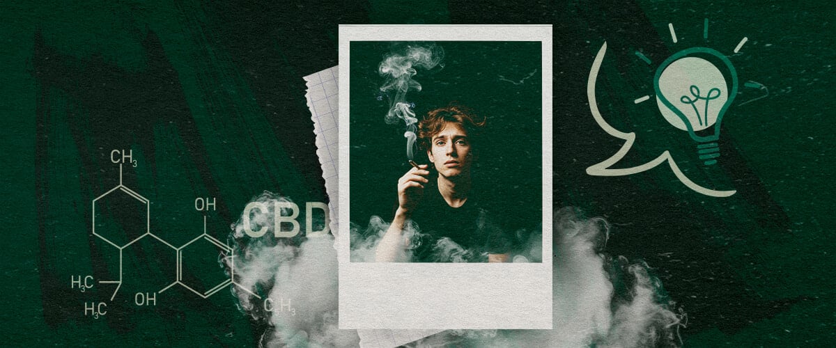 Beste Praktijken voor het Herintroduceren van Cannabis Man die cannabis rookt, met CBD-molecuulillustratie en gloeilampicoon, dat ideeën en best practices voor cannabisgebruik vertegenwoordigt.