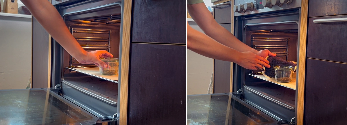 Cannabis decarboxyleren in de oven voor edibles Decarboxylatieproces van cannabis waarbij een glazen pot met cannabis in een oven wordt geplaatst, terwijl handen de pot en het deksel voorzichtig hanteren voor het verhitten