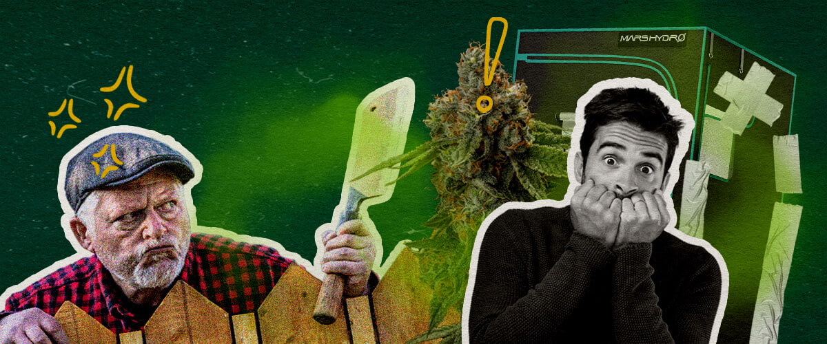 Veelgemaakte Fouten die Je Growtent Laten Rieken Cannabis Een illustratie van cannabisbloemen met een growtent, een boze man met een bijl en een geschokte man, tegen een groene achtergrond, die veelgemaakte fouten benadrukt die de growtentgeur veroorzaken.