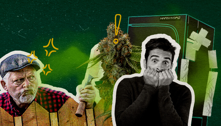 Veelgemaakte Fouten die Je Growtent Laten Rieken Cannabis Een illustratie van cannabisbloemen met een growtent, een boze man met een bijl en een geschokte man, tegen een groene achtergrond, die veelgemaakte fouten benadrukt die de growtentgeur veroorzaken.