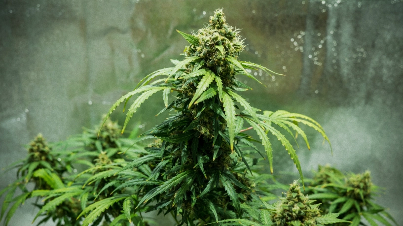 Royal Dwarf cannabisplant met compacte oogstklare toppen, harsrijke bloemen, oranje stampers en groen blad in een reflecterende kweektent.