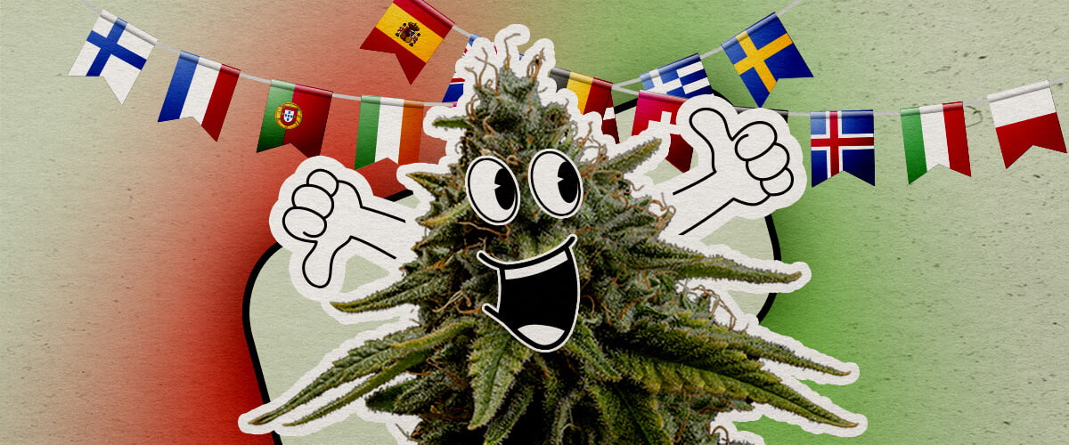 Culturele houding ten opzichte van cannabis in Europa Een vrolijke cartoon hennepplant met een grote glimlach en opgeheven duimen staat tegen een kleurrijke achtergrond. Europese vlaggen hangen erboven, wat een feestelijke sfeer geeft.