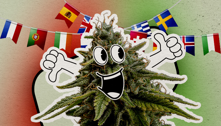 Culturele houding ten opzichte van cannabis in Europa Een vrolijke cartoon hennepplant met een grote glimlach en opgeheven duimen staat tegen een kleurrijke achtergrond. Europese vlaggen hangen erboven, wat een feestelijke sfeer geeft.