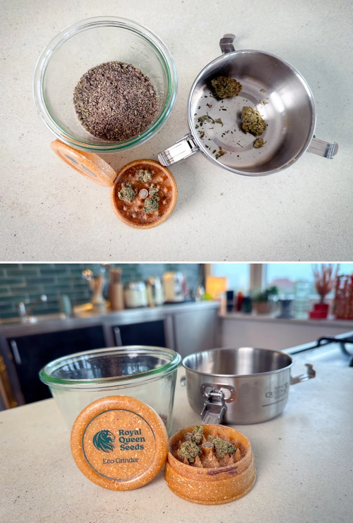 Cannabis voorbereiden op decarboxyleren Gemalen cannabis en toppen in een grinder, glazen pot en steelpan vóór het decarboxyleren.