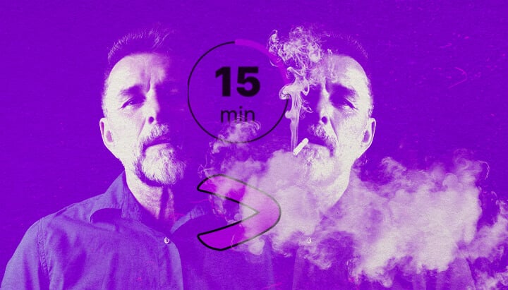 An artistic portrait of a bearded man smoking purple vapor, with a contemplative expression, symbolizing cannabis dosing methods, set against a vibrant abstract background.