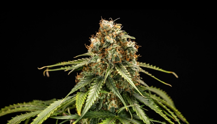 Epsilon F1: compacte F1-genetica voor snelle kweek Epsilon F1 cannabistop met dichte harsrijke bloemen, oranje stampers, groene bladeren en een compacte bloeistructuur tegen een donkere achtergrond.