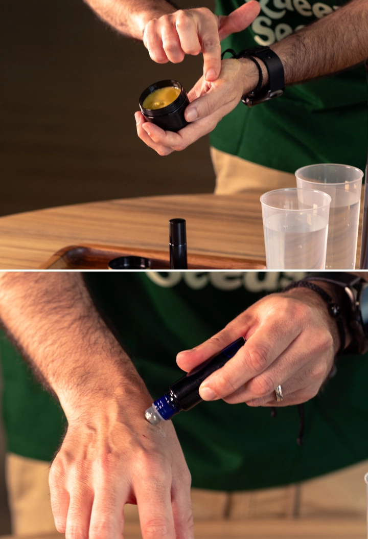 Leer hoe je zelfgemaakte cannabisbalsem of roll-on olie op de huid aanbrengt als laatste stap van je natuurlijke routine.