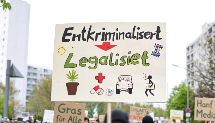 Pro-cannabislegalisatiebord tijdens een demonstratie in Duitsland waarin wordt opgeroepen tot decriminalisering en legalisering.