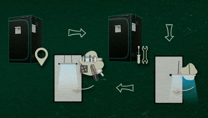 Stapsgewijze Handleiding voor het Opzetten van een 4×4 Kweektent Een stapsgewijze handleidingillustratie voor het opzetten van een 4×4 kweektent, met de selectie van de tent, de montage met gereedschappen, de installatie van kweeklampen en de toevoeging van een ventilator en filter, allemaal op een groene achtergrond met pijlen die het proces aangeven.