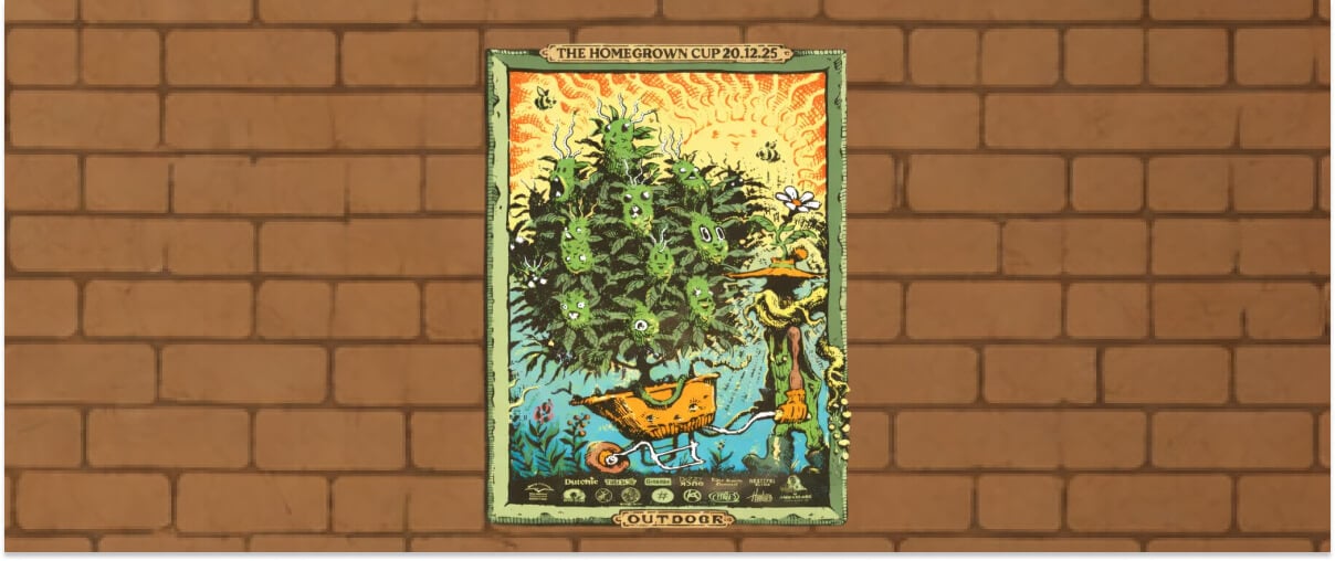Geïllustreerde poster van de Homegrown Cup Outdoor-editie met een cannabisplant in een gestileerde tuinscène