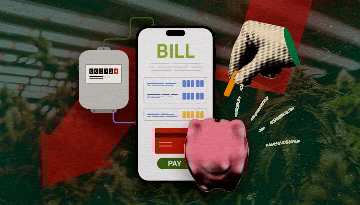 Elektriciteitsmeter met smartphone-rekening en spaarpot, toont manieren om elektriciteitskosten van de growroom te verlagen op een donkergroene achtergrond, ideaal voor cannabis besparingstips.
