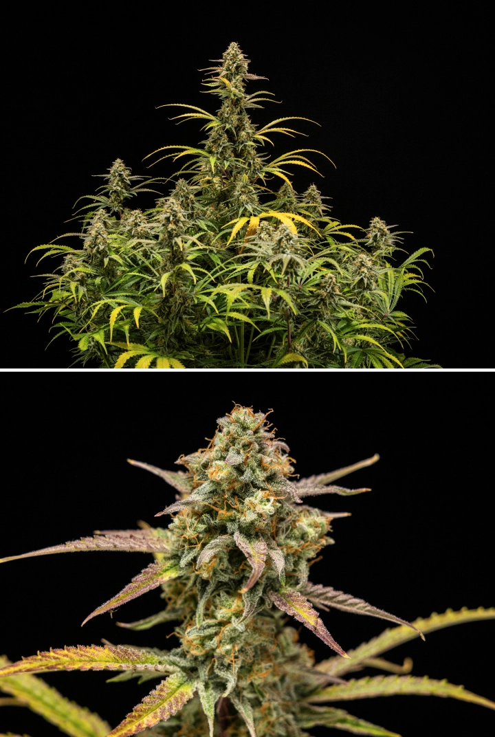 Hyperion F1 grow report: oogstresultaten Hyperion F1 cannabisplanten bij de oogst, met rijpe harsrijke cola’s, frosty trichomenbedekking, oranje stampers, verkleurende gele en paarse bladeren en dichte bloeiende groei tegen een zwarte achtergrond.