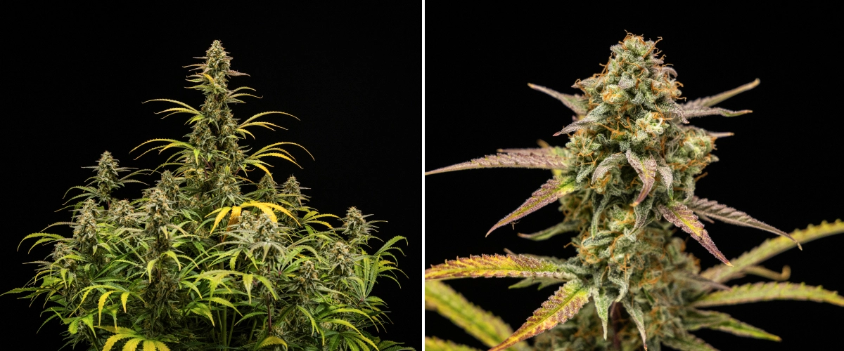 Hyperion F1 grow report: oogstresultaten Hyperion F1 cannabisplanten bij de oogst, met rijpe harsrijke cola’s, frosty trichomenbedekking, oranje stampers, verkleurende gele en paarse bladeren en dichte bloeiende groei tegen een zwarte achtergrond.
