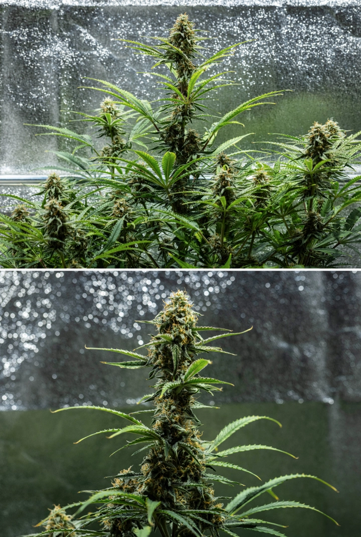 Hyperion F1 grow report: week 9, laatste rijping Hyperion F1 cannabisplant tijdens week 9 van het grow report, met rijpe bloeiende cola’s, harsrijke toppen, oranje stampers, verkleurende bladeren en laatste rijping in een kweektent.