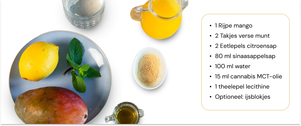 Hoe je een cannabis-smoothie maakt met mango, citrus en cannabis-MCT-olie Ingrediënten voor een cannabis-smoothie met mango, citroen, munt, sinaasappelsap, water, cannabis-MCT-olie en lecithine, uitgestald op een witte achtergrond.