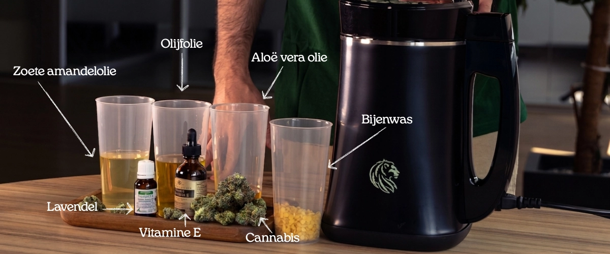 Ontdek de natuurlijke ingrediënten van cannabisbalsem: oliën, lavendel, vitamine E, bijenwas en cannabis