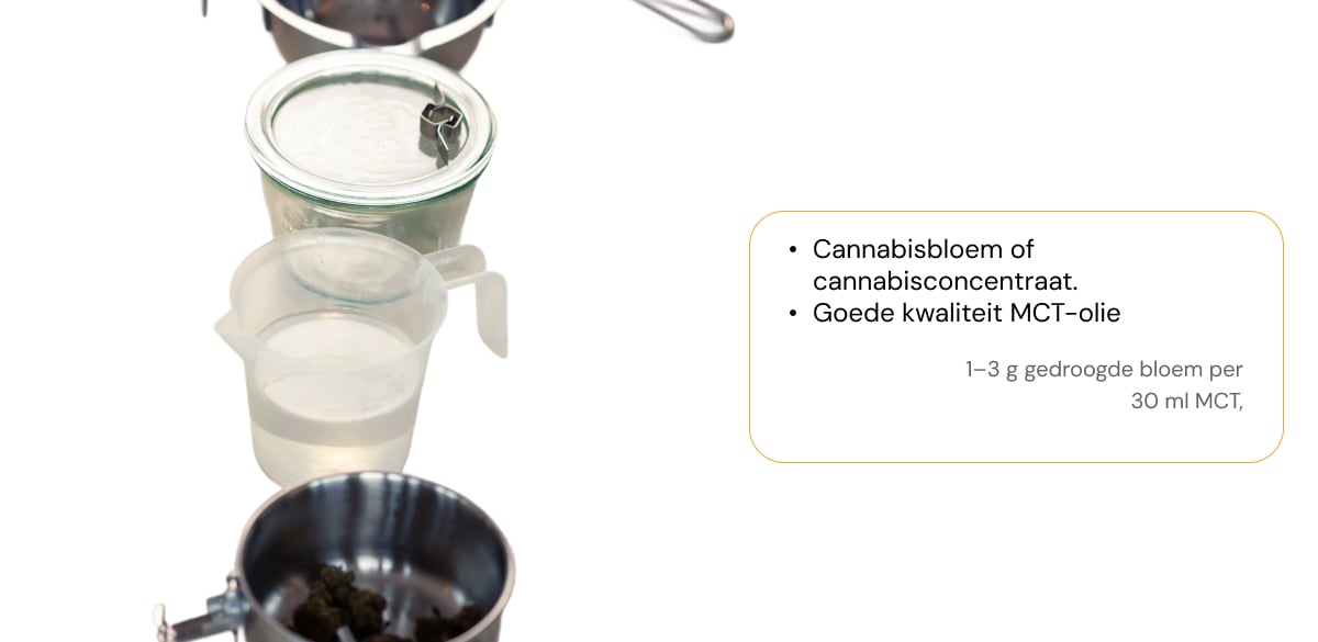 Ingrediënten voor een cannabis MCT-olie-infusie met gedroogde bloem, MCT-olie, pot en zeef