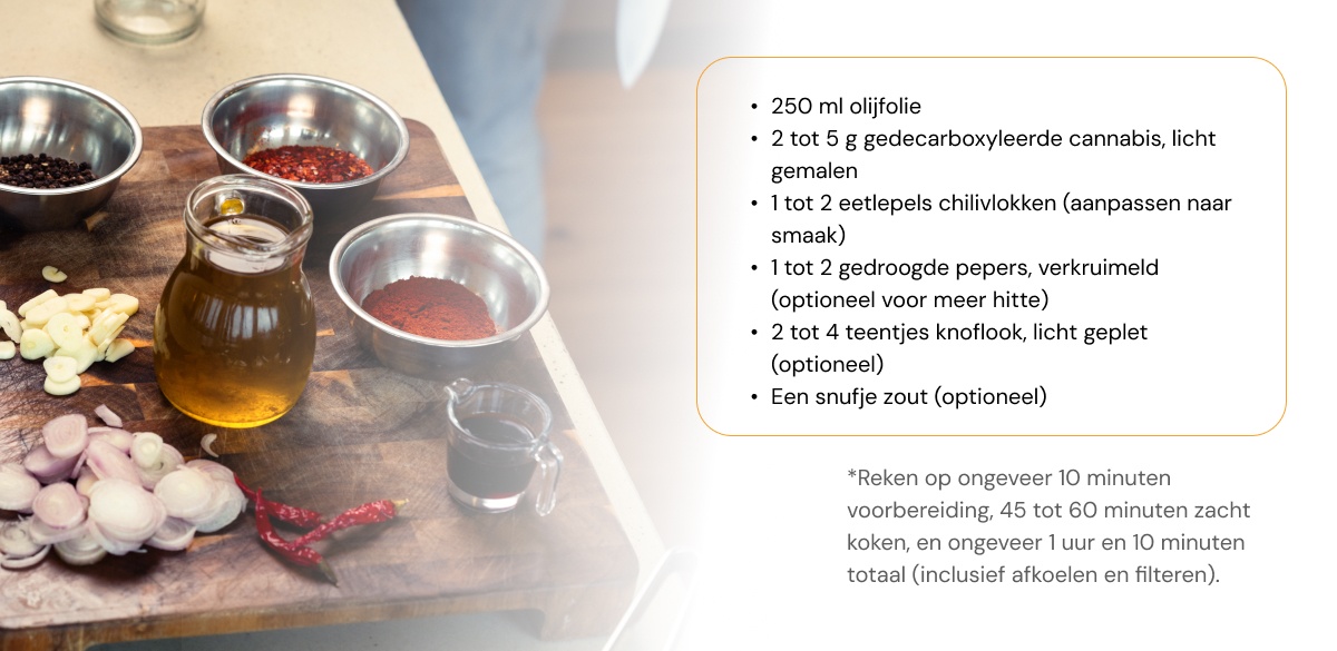 Cannabis-Geïnfuseerde Chili-Olijfolie – Ingrediënten en Bereidingstijd Ingrediënten voor met cannabis geïnfuseerde chili-olijfolie, waaronder olijfolie, gedecarboxyleerde cannabis, chilivlokken, gedroogde chilipepers, knoflook en zout op een houten plank