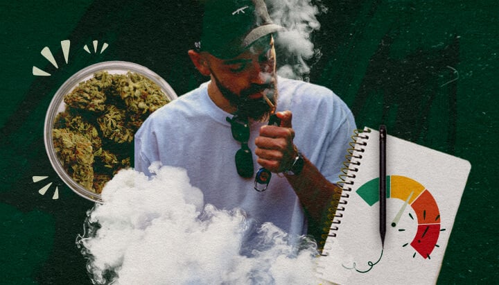 Het Monitoren van de Reactie van Uw Lichaam op Cannabis Man die cannabis verdampt met een pot wiettoppen en een meter die de monitoring van de lichaamsreactie illustreert.
