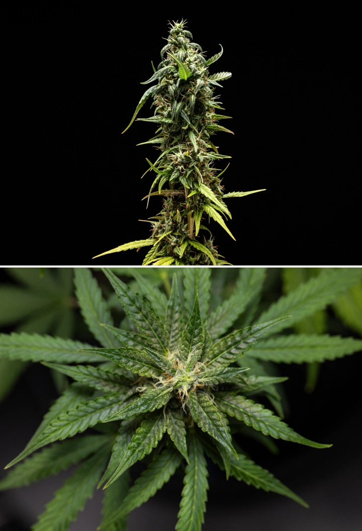 NYC Sour Diesel Auto cannabisplant in week 8 van de bloei met melkachtige trichomen, compacte aromatische toppen, sterke harsproductie en een iets minder rijpe topcola vlak voor de oogst