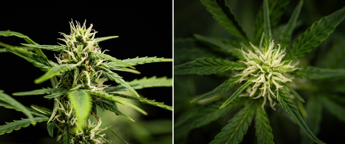 NYC Sour Diesel Auto cannabisplant in week 6 van de bloei, ongeveer 122 cm hoog, met tragere verticale groei, stevigere toppen, eerste harsontwikkeling en dichte bloemvorming onder ledlicht