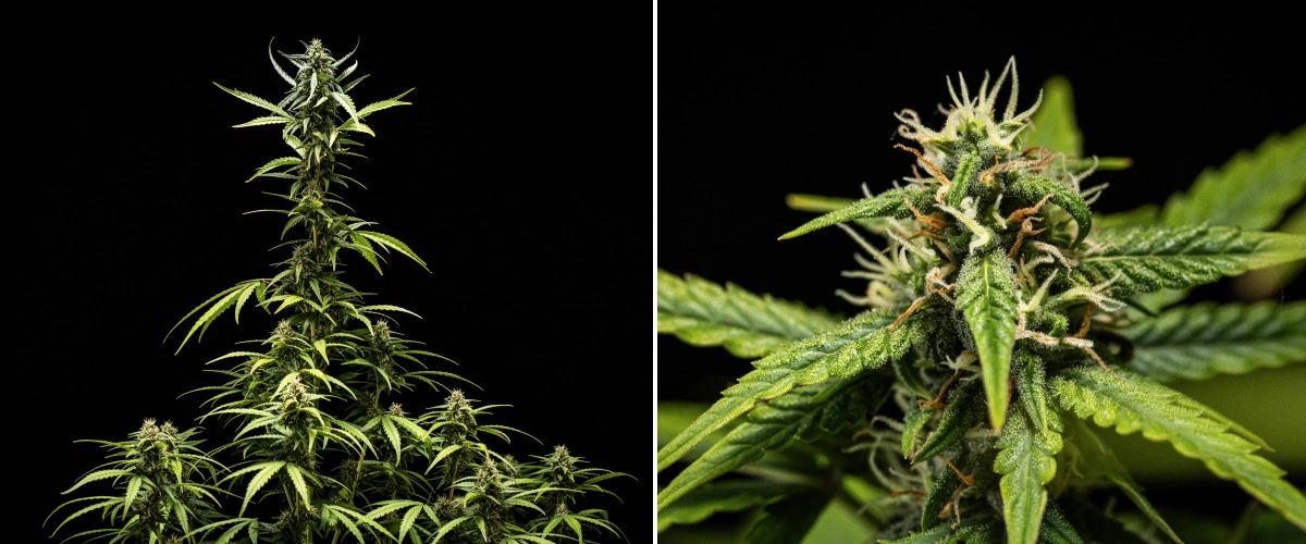 NYC Sour Diesel Auto cannabisplant in week 7 van de bloei met dichte kleverige toppen, verhoogde harsproductie, een hoofdcola dicht bij het licht, lichte verbleking van de bladeren en ondersteunde buigende takken