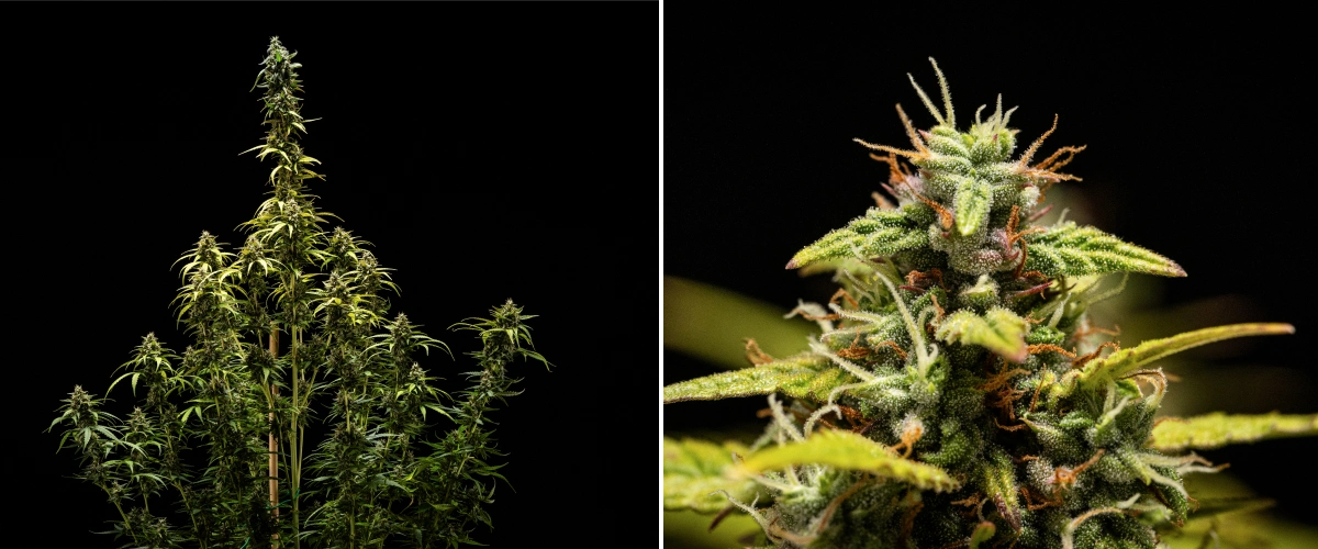 NYC Sour Diesel Auto cannabisplant in week 9 van de bloei bij de oogst, met grotendeels melkachtige trichomen, dichte toppen, een hoge structuur en lichte lichtstress op de topcola