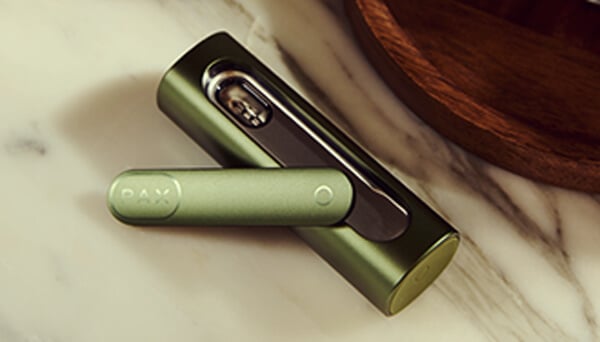Geopende Pax Flow Vaporizer Close-up van de geopende Pax Flow vaporizer die de interne kamer vol cannabis onthult, vastgehouden door een hand in een casual buitenomgeving met natuurlijk licht.