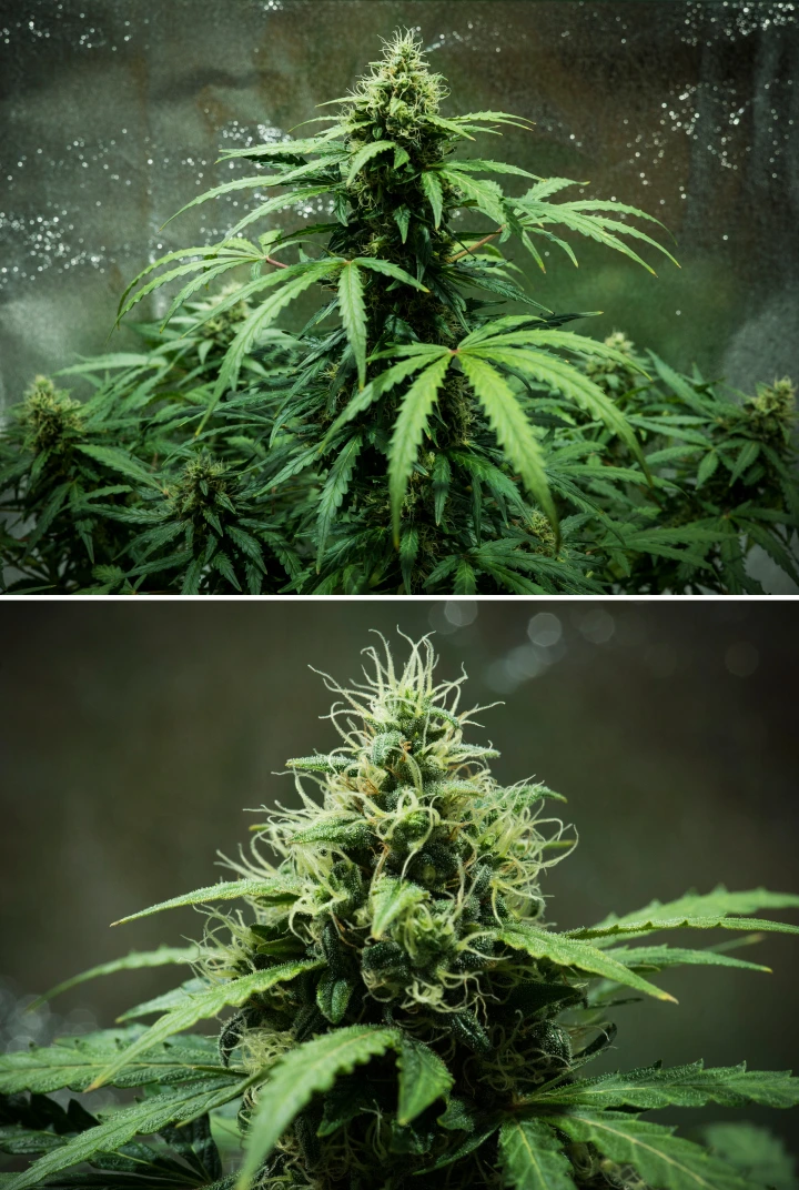 Royal Dwarf Cannabispflanze in Woche 7, mit dichten klebrigen Buds, weißen Blütenstempeln, harzigen Blüten und gesundem grünem Laub.
