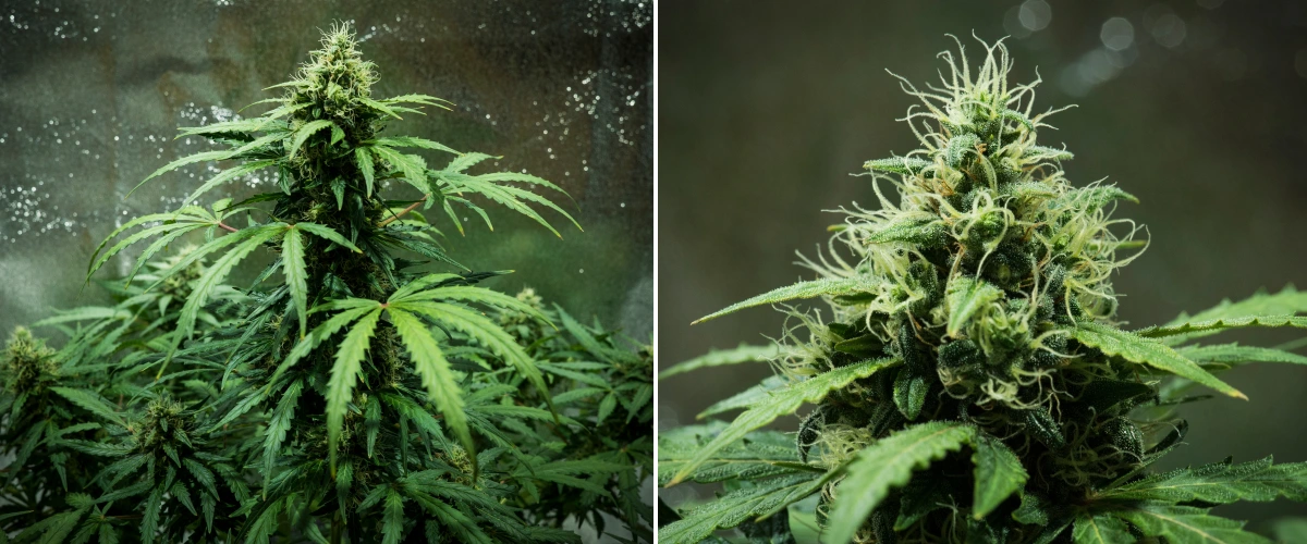 Royal Dwarf Cannabispflanze in Woche 7, mit dichten klebrigen Buds, weißen Blütenstempeln, harzigen Blüten und gesundem grünem Laub.