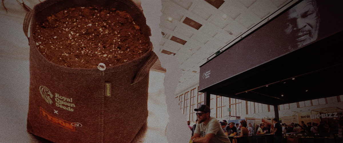 De toekomst zaaien – Royal Queen Seeds x Tyson 2.0 kweekzak op cannabisbeurs Stoffen kweekzak met aarde van Royal Queen Seeds x Tyson 2.0, naast een drukbezochte beursstand met Mike Tysons afbeelding en branding op een cannabis evenement.
