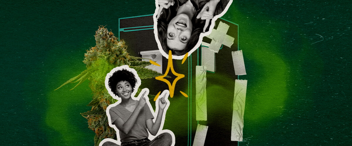 Wat Maakt een Growtent Echt Geurdicht Cannabis Een illustratie van cannabisbloemen met twee vrouwen en een growtent met plakband afgesloten, tegen een groene achtergrond, die onderzoekt wat een growtent geurdicht maakt.