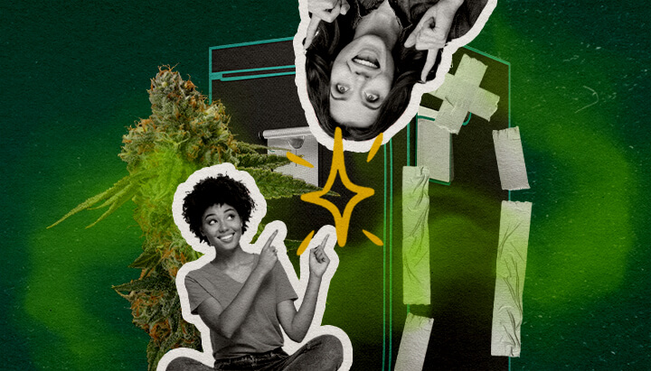 Wat Maakt een Growtent Echt Geurdicht Cannabis Een illustratie van cannabisbloemen met twee vrouwen en een growtent met plakband afgesloten, tegen een groene achtergrond, die onderzoekt wat een growtent geurdicht maakt.