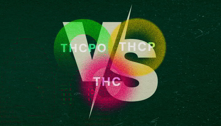 Ontdek de Verschillen tussen THCPO, THCP en THC met deze Levendige Vergelijkingsgrafiek Kleurrijke grafiek die THCPO, THCP en THC vergelijkt met vetgedrukte tekst en levendige groene, roze en gele tinten op een donkergroene achtergrond, ideaal voor cannabisvergelijkingsartikelen.