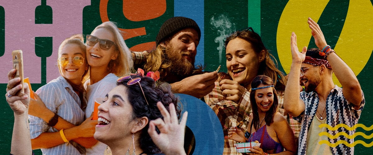 Levendige Scène van een Cannabisvriendelijk Muziekfestival Groep vrienden op een cannabisvriendelijk muziekfestival, lachend, selfies nemend, dansend en een joint delend, met een kleurrijke achtergrond van groene, gele en blauwe geometrische vormen, die de levendige festivalatmosfeer vastlegt.