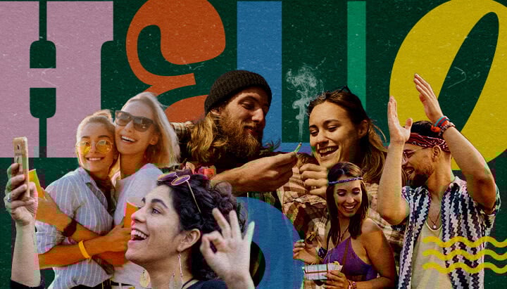 Levendige Scène van een Cannabisvriendelijk Muziekfestival Groep vrienden op een cannabisvriendelijk muziekfestival, lachend, selfies nemend, dansend en een joint delend, met een kleurrijke achtergrond van groene, gele en blauwe geometrische vormen, die de levendige festivalatmosfeer vastlegt.
