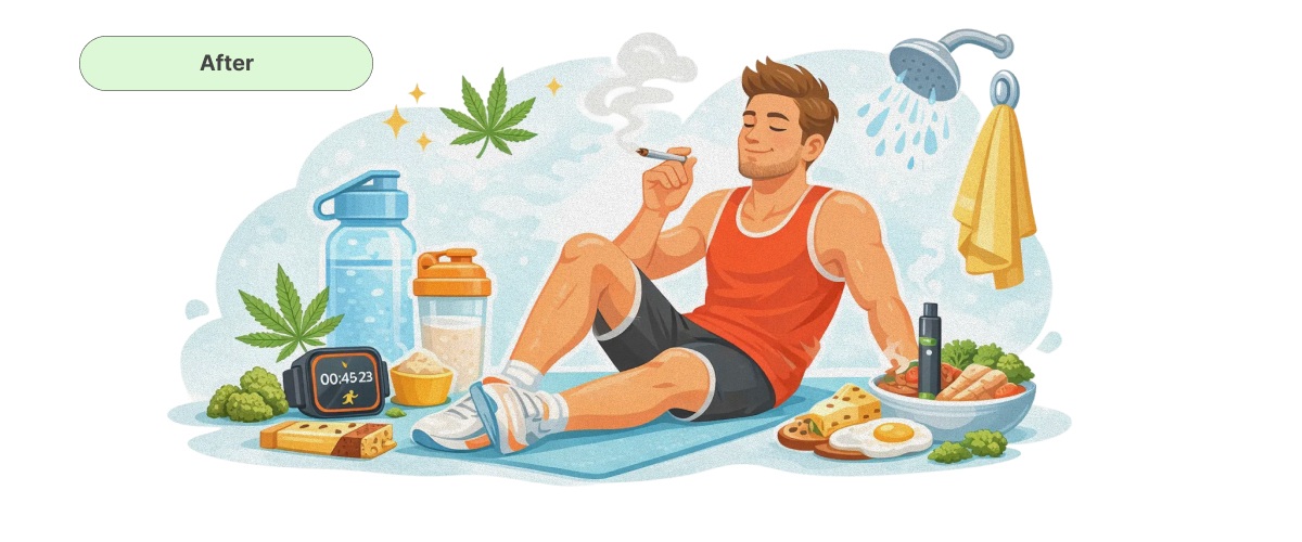 Cannabis Gebruiken Na Het Hardlopen – Ontspannings- en Hersteltips Illustratie van een hardloper die na de training ontspant met cannabis, met eten, hydratatie, douche en herstelbenodigdheden