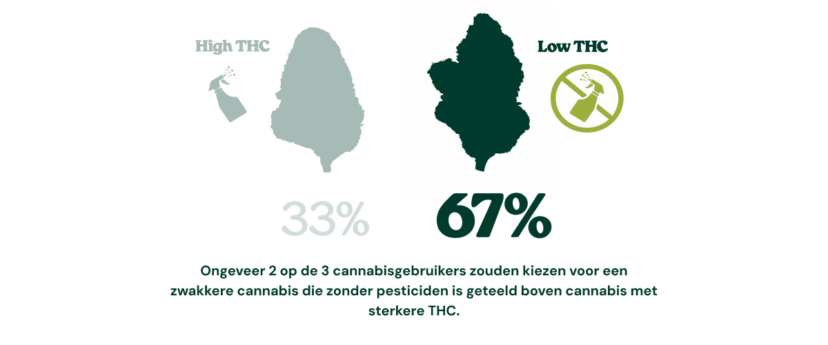 Infographic die laat zien dat 67% van de cannabisconsumenten cannabis met een lager THC-gehalte, geteeld zonder pesticiden, zou verkiezen boven sterkere cannabis met een hoger THC-gehalte, terwijl 33% zou kiezen voor cannabis met een hoog THC-gehalte.