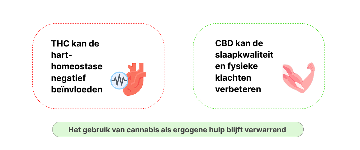 THC vs CBD in Sport – Mogelijke Effecten op Prestatie en Herstel Infografiek die mogelijke effecten van THC en CBD op sportprestaties, hart-homeostase, slaapkwaliteit en herstel toont