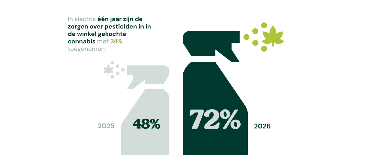 Infographic die laat zien dat de zorgen over pesticiden in in de winkel gekochte cannabis zijn gestegen van 48% in 2025 naar 72% in 2026.