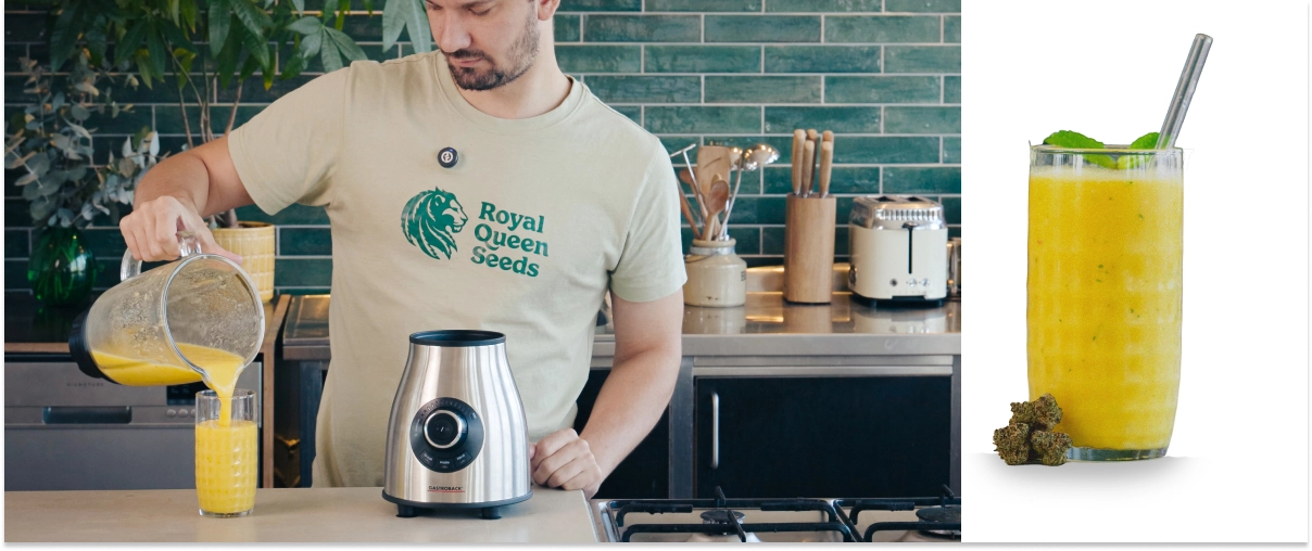 Stap 4–5: Blend de cannabis-smoothie tot romig en serveer direct Het blenden van een mango-cannabissmoothie en het inschenken van de afgewerkte drank in een glas met een gladde, romige textuur.