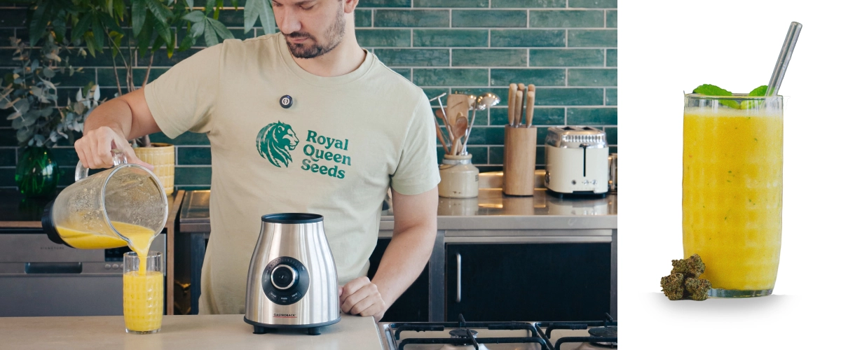 Het blenden van een mango-cannabissmoothie en het inschenken van de afgewerkte drank in een glas met een gladde, romige textuur.