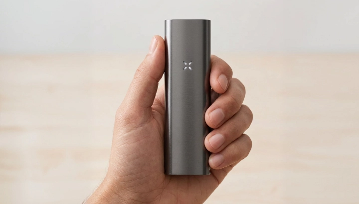 PAX Four vaporizer vastgehouden in één hand, met zijn slanke matte behuizing, compacte formaat en led-bloembladindicator aan de voorkant