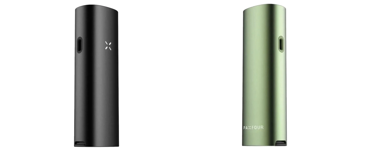 Zwarte en groene PAX Four vaporizers naast elkaar weergegeven, met nadruk op het slanke compacte ontwerp, de led-bloembladindicator, de oplaadpoort aan de zijkant en de kleuropties